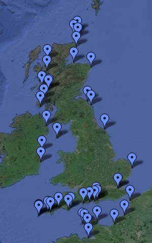 Google Earth map of the stop-overs on our Round UK route